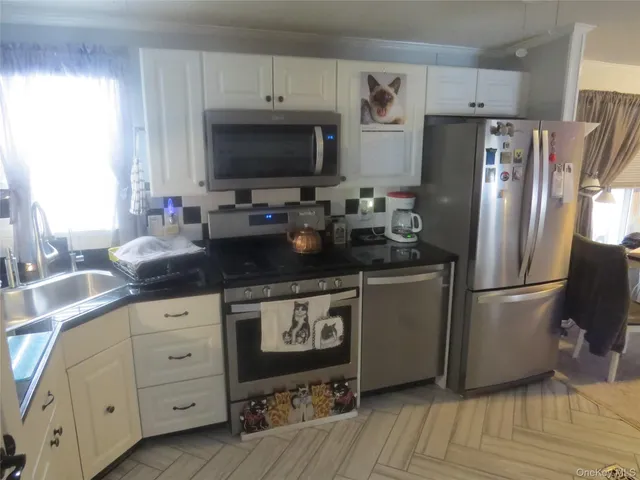 a kitchen with counter top space cabinets and stainless steel appliances