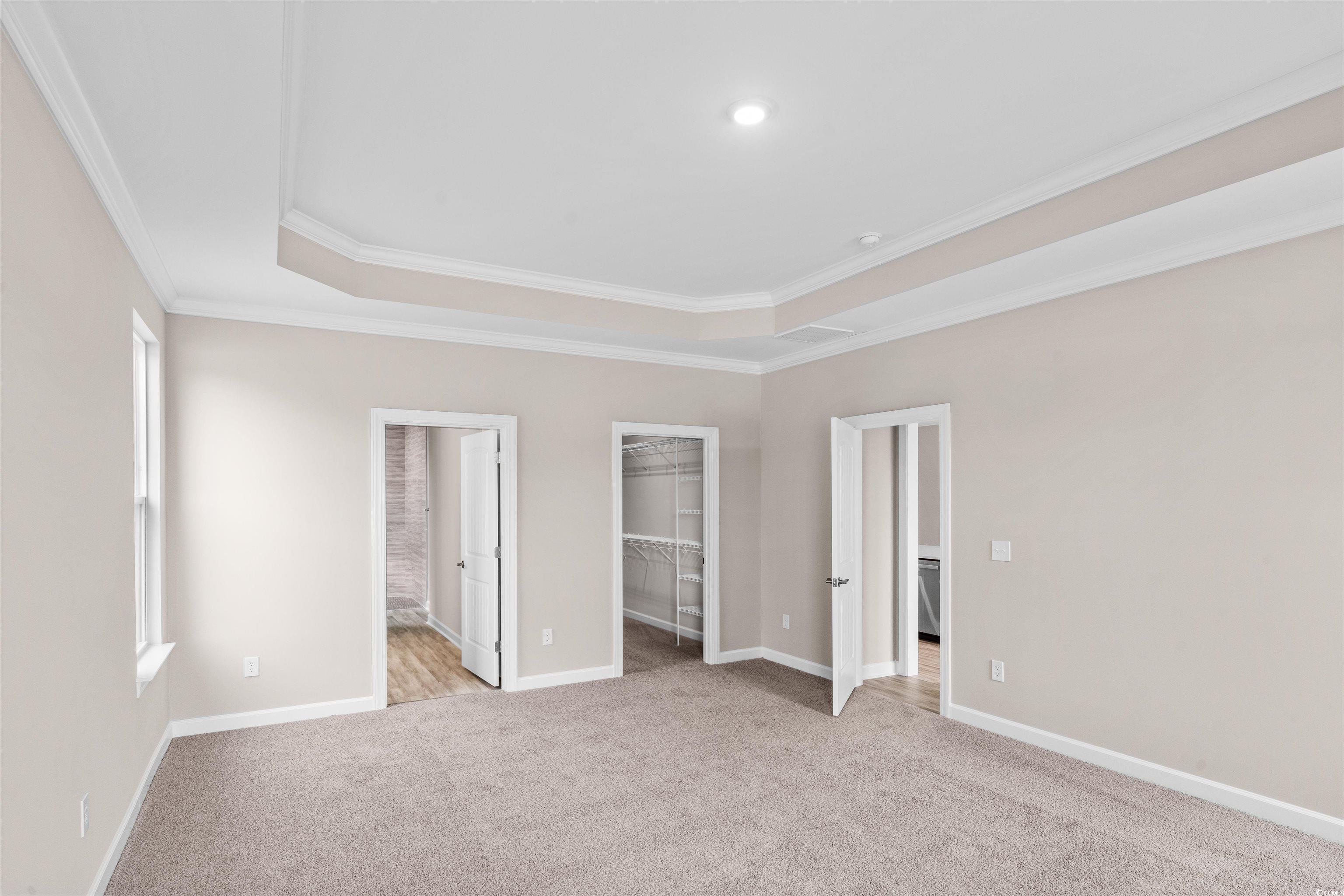 763 St Vincent Loop Little River, SC 29566 - Photo 14 of 33 Unfurnished bedroom featuring ornamental molding, light carpet, a walk in closet, a tray ceiling, and ensuite bath