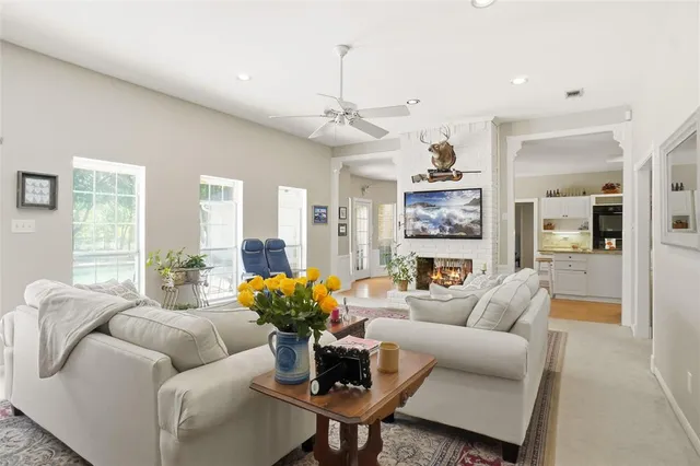 a living room with furniture potted plant and a chandelier