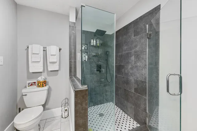 a bathroom with a shower a toilet and a sink