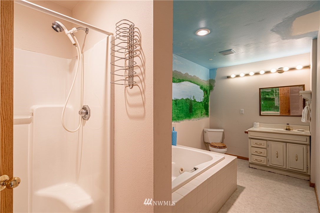 755 Wapato Way Manson, WA 98831 - Photo 23 of 40 a bathroom with a tub a sink and a large mirror