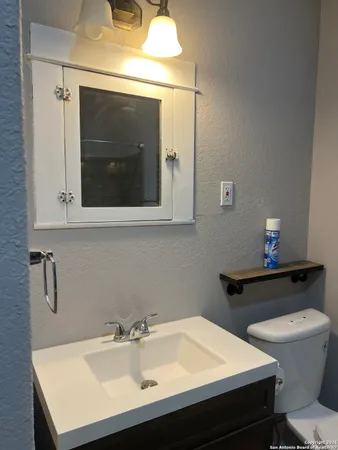 a bathroom with a sink a toilet and mirror