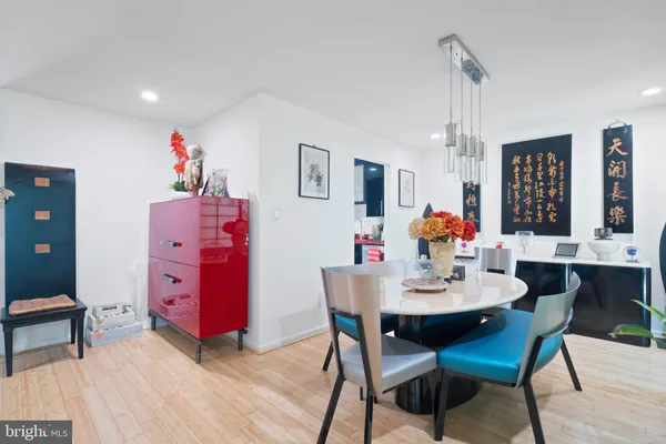 a view of a dining room with furniture
