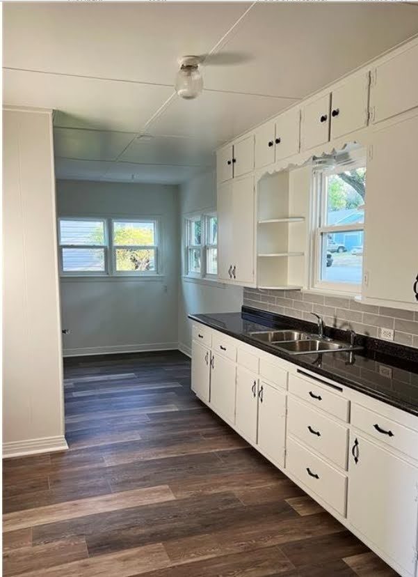 809 North 8th Street Temple, TX 76501 - Photo 5 of 20 A well-lit kitchen featuring ample white cabinetry, dark counters, and durable wood-look flooring.
