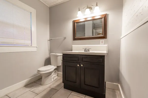 a bathroom with a sink vanity and a toilet