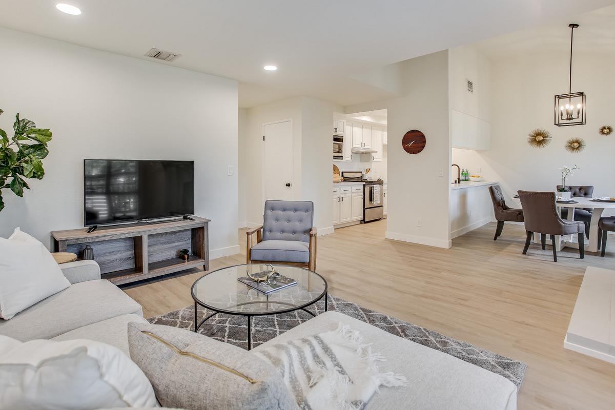 3705 Terstena Place, Unit 201 Santa Clara, CA 95051 - Photo 4 of 25 a living room with furniture and a flat screen tv