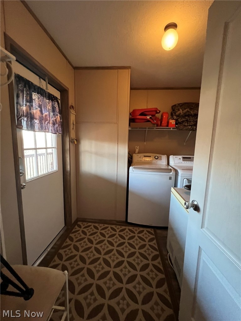 53720 Highway 681 Reedsville, OH 45772 - Photo 19 of 25 Dedicated laundry space featuring a patterned area rug, built-in cabinetry, and a white exterior door with vertical window panels