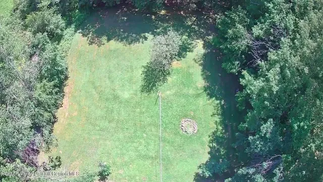 a view of a lush green field with mountains in the background