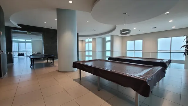 a lobby with furniture