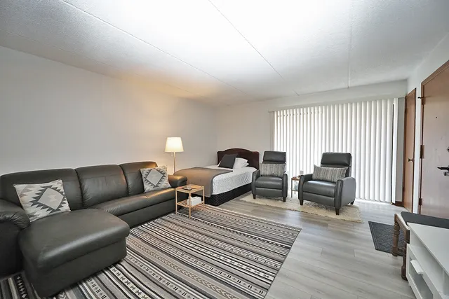 a living room with furniture and a rug