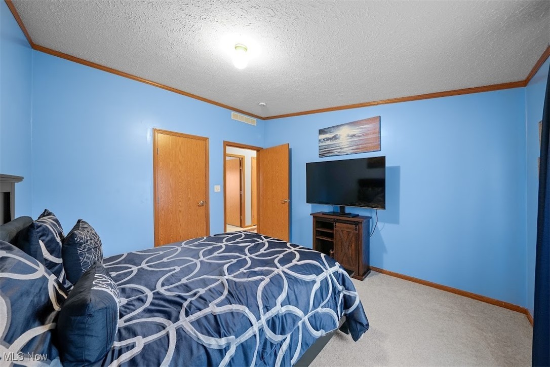 17296 Old State Road Middlefield, OH 44062 - Photo 25 of 44 Bedroom featuring carpet flooring, ornamental molding, and a textured ceiling