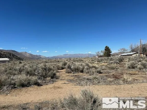 a view of a dry yard with mountains in the background