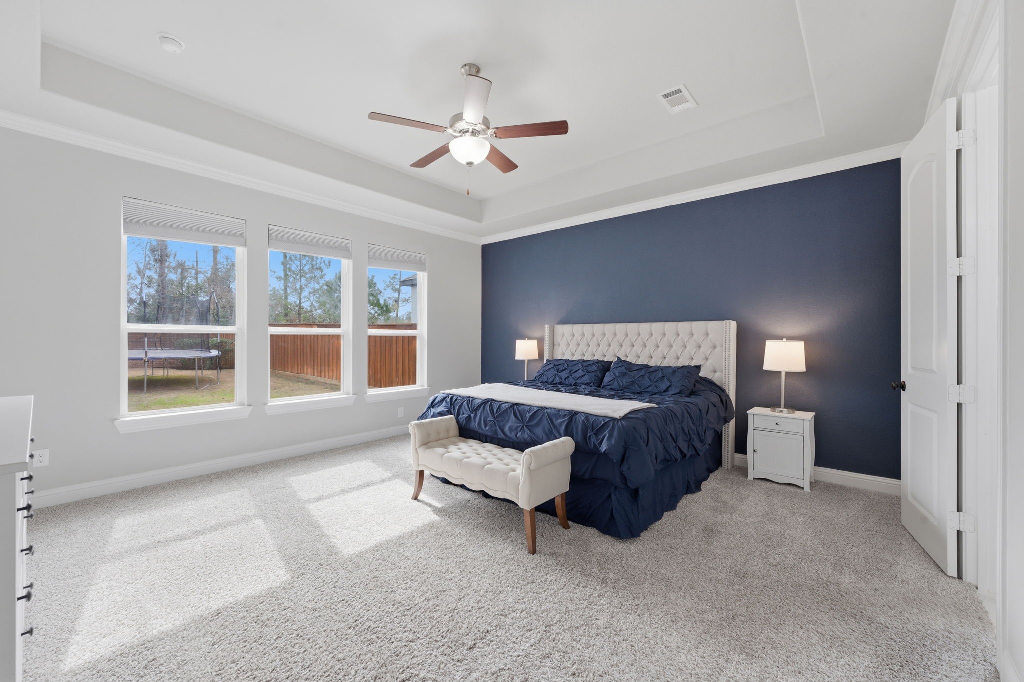 4242 Orchard Pass Drive Spring, TX 77386 - Photo 6 of 50 Relax and Unwind in The Capacious Primary Suite with views of Rear Yard, 8' Doors, Ceiling Fan and Tray Ceiling with accent wall.