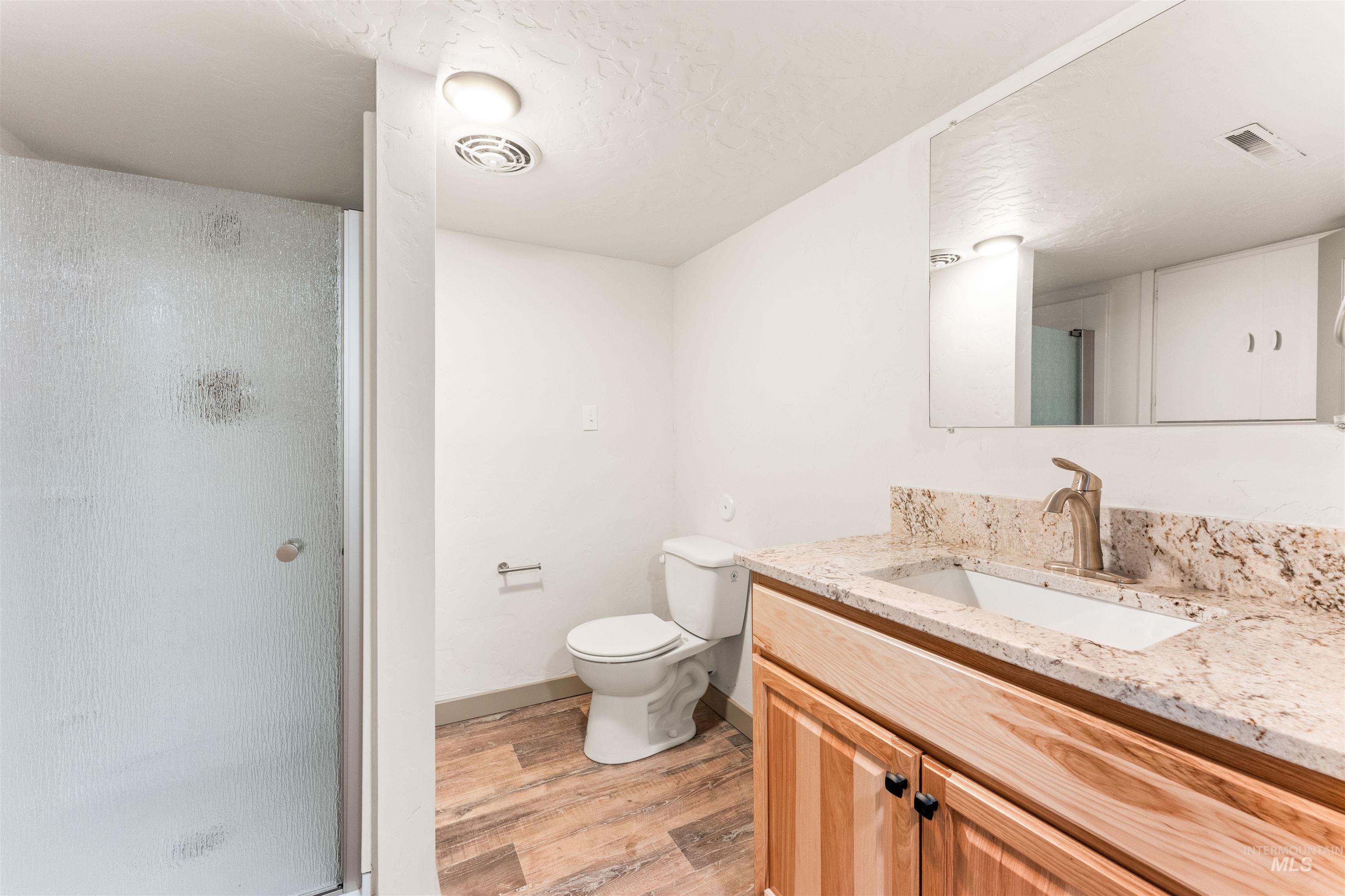 602 North 5th Street Parma, ID 83660 - Photo 43 of 48 Bathroom featuring vanity, a shower stall, light wood-style floors, and a textured ceiling