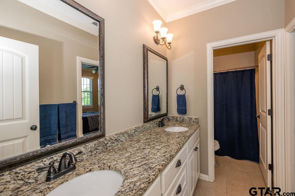 8553 Castleton Way Tyler, TX 75703 - Photo 30 of 38 a bathroom with a granite countertop sink and a mirror