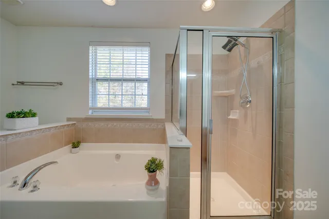 a bathroom with a bathtub and a shower