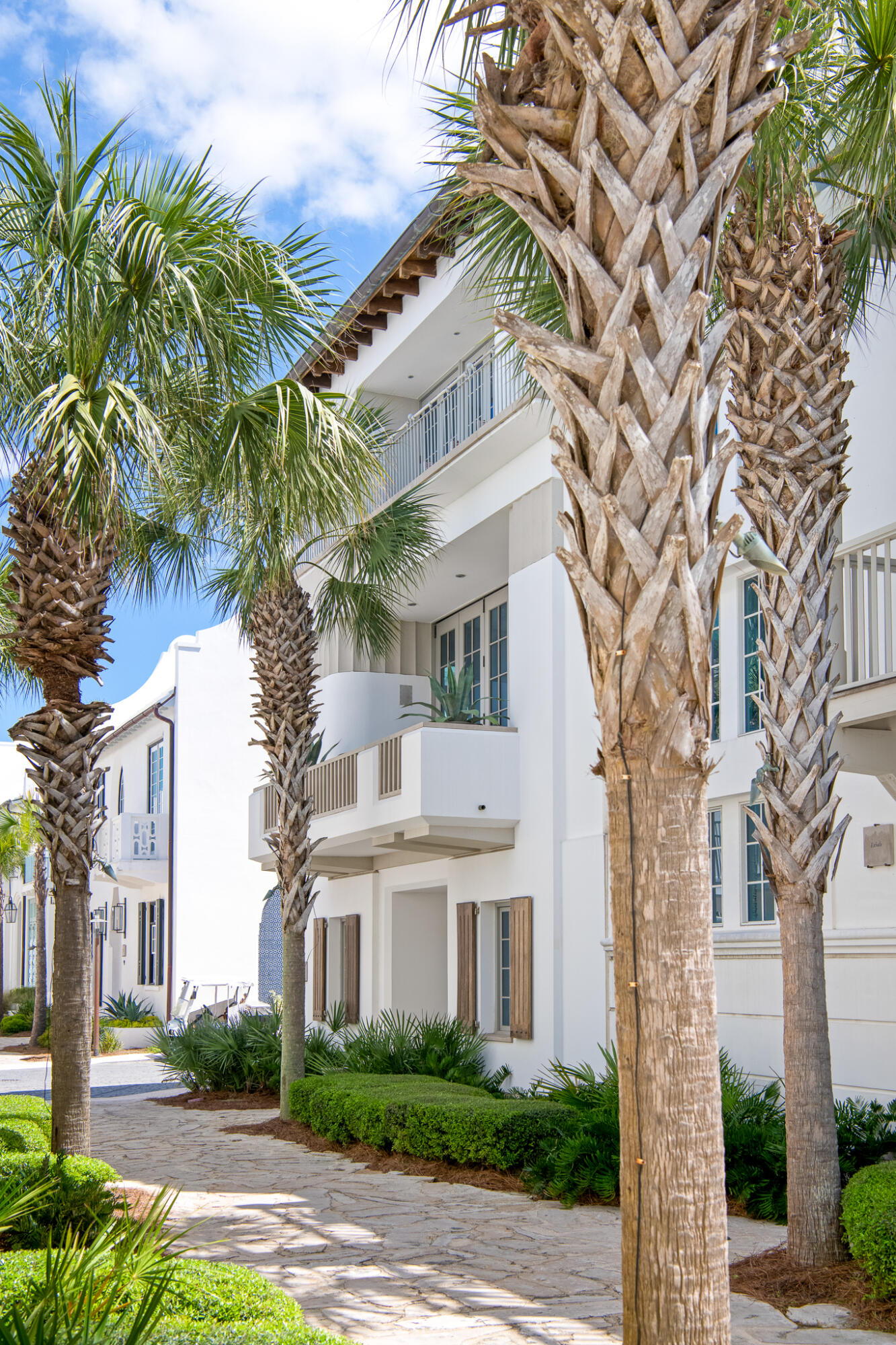 130 Sea Garden Street Inlet Beach, FL 32461 - Photo 65 of 77 a view of a white house next to a road with plants and palm trees