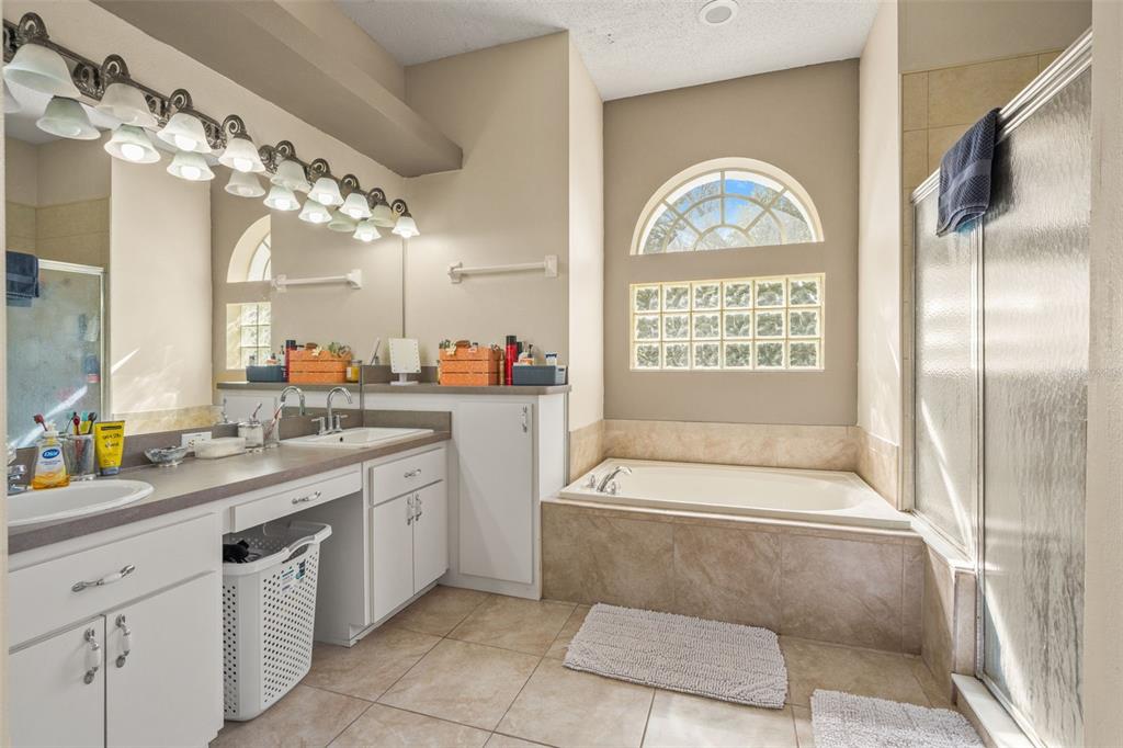 11128 Lomita Wren Road Weeki Wachee, FL 34614 - Photo 20 of 39 a spacious bathroom with a granite countertop sink a large mirror a bathtub and shower