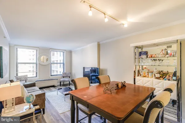 a view of a dining room with furniture