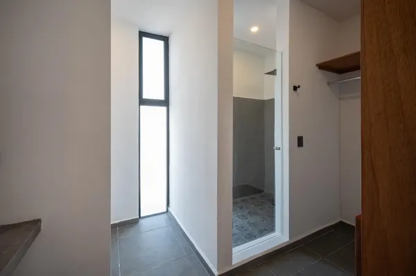 a view of an empty room with closet and a mirror