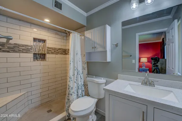 a bathroom with a toilet a sink a shower and mirror