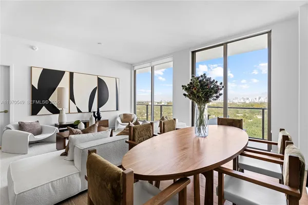 a view of a dining room with furniture window and outside view