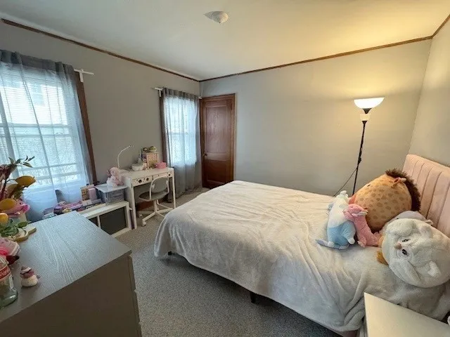 a bedroom with a bed and large windows