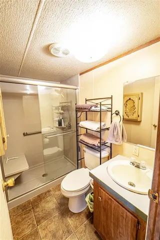 a bathroom with a sink toilet vanity and shower