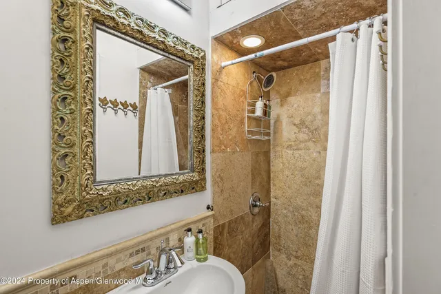 a bathroom with a shower and a sink