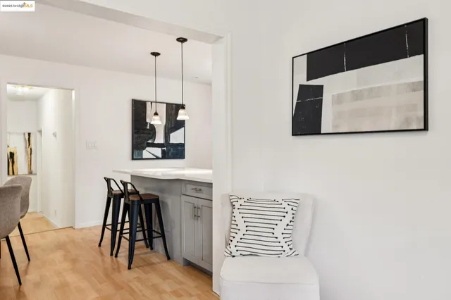 a view of dining room with wooden floor
