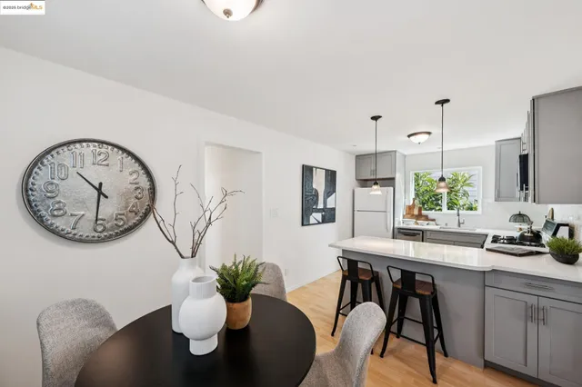 a view of a dining room with furniture