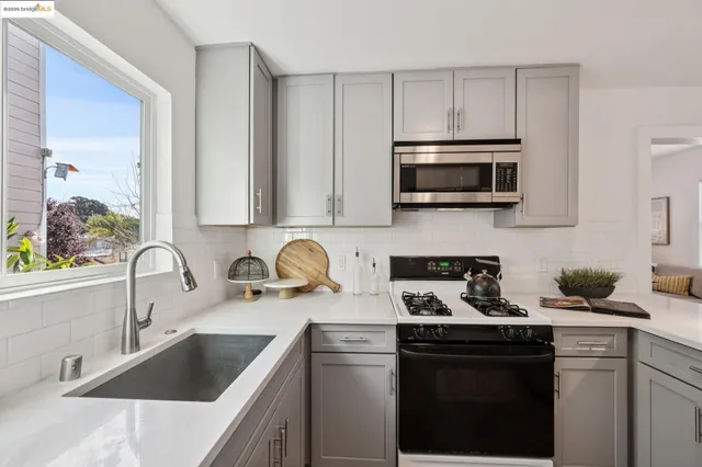 a kitchen with a sink stove and microwave