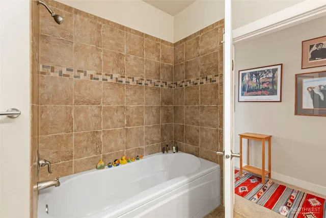 a bathroom with a bathtub and a shower