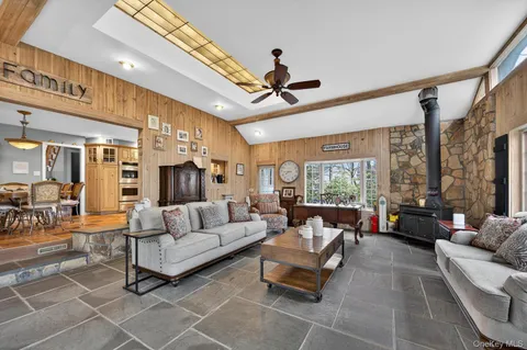a view of a dining room with furniture