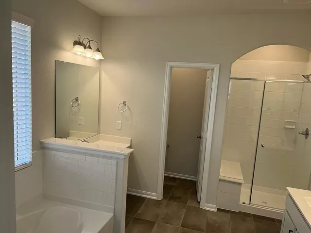 a bathroom with a shower a sink and a mirror