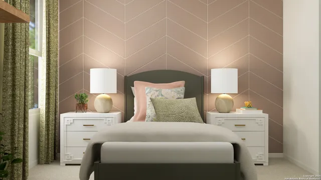 a bedroom with a bed and a lamp with the glass door