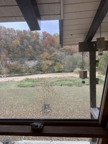a view of a lake from a window
