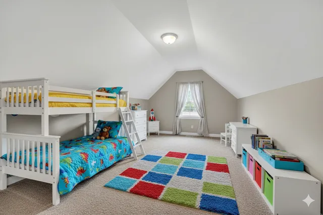 a bedroom with furniture and a baby crib
