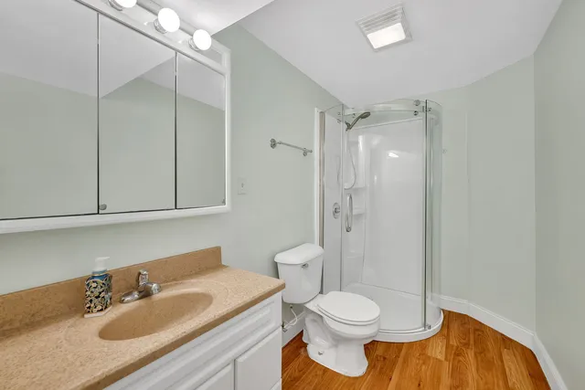 a bathroom with a sink toilet a mirror and shower