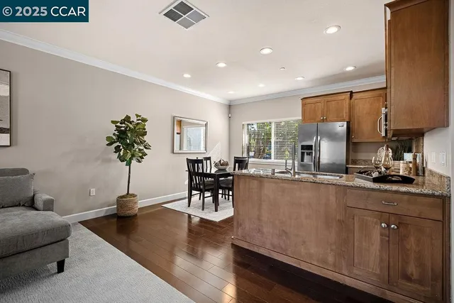 a living room with furniture a potted plant and kitchen view