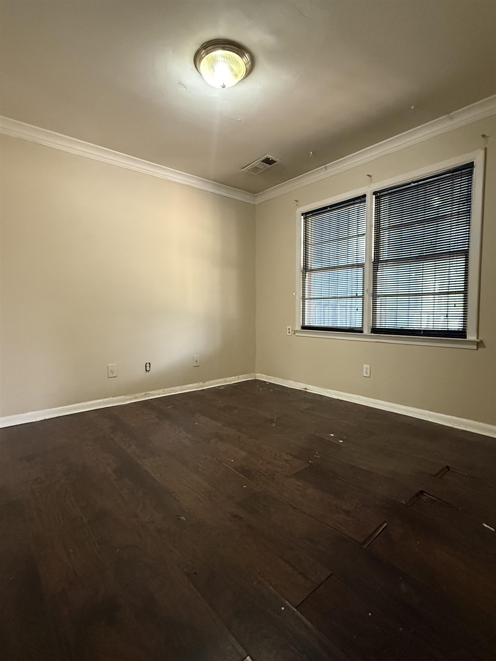 2930 Getwell Road Memphis, TN 38118 - Photo 6 of 25 Room featuring dark wood-finish flooring, two large windows with blinds, a ceiling-mounted light fixture, and crown molding