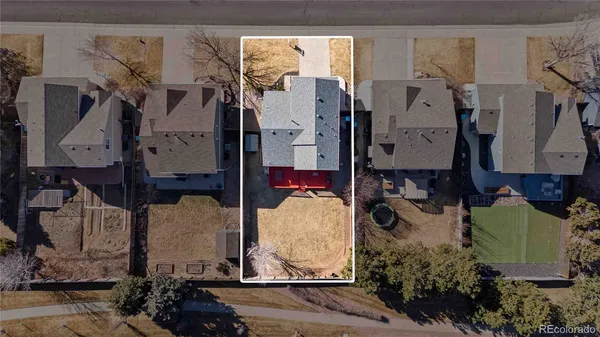 an aerial view of a backyard