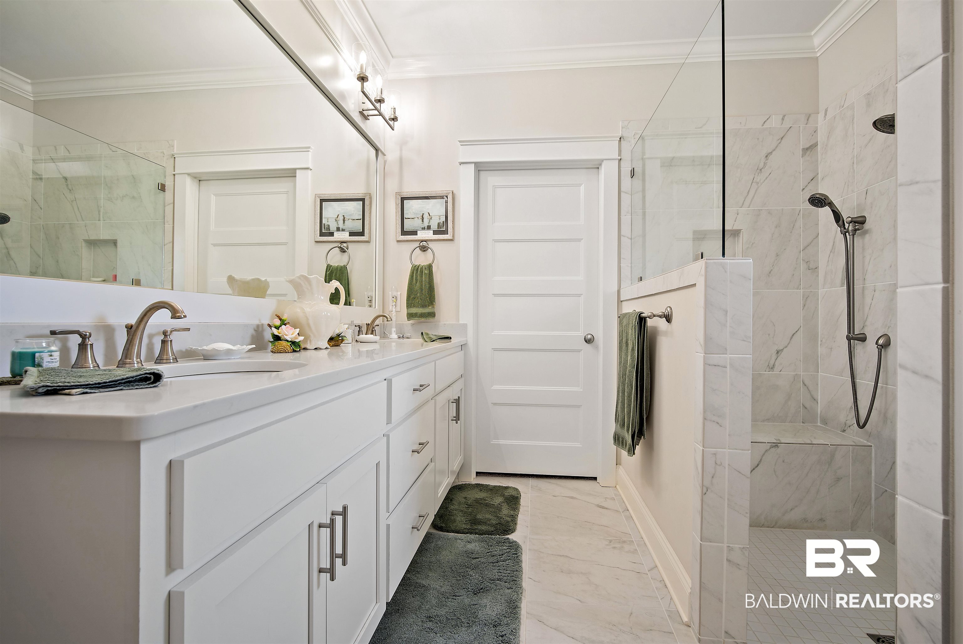 969 Charleston Loop Fairhope, AL 36532 - Photo 18 of 30 Bathroom featuring tile patterned flooring, crown molding, a tile shower, and vanity