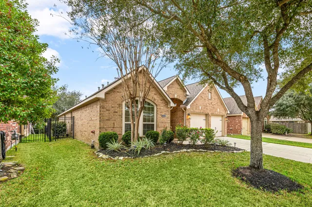 a view of a yard in front of a house with plants and large tree