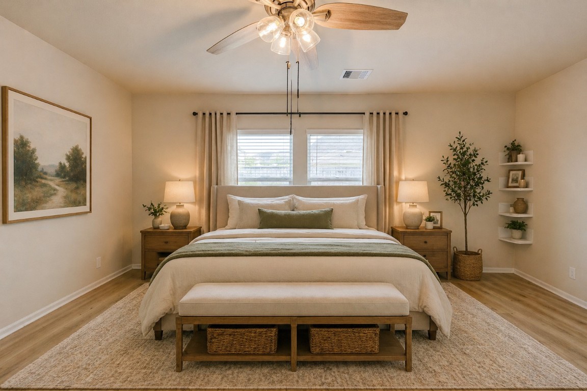 2164 Dale Street Alvin, TX 77511 - Photo 14 of 35 a bedroom with a bed and a chandelier