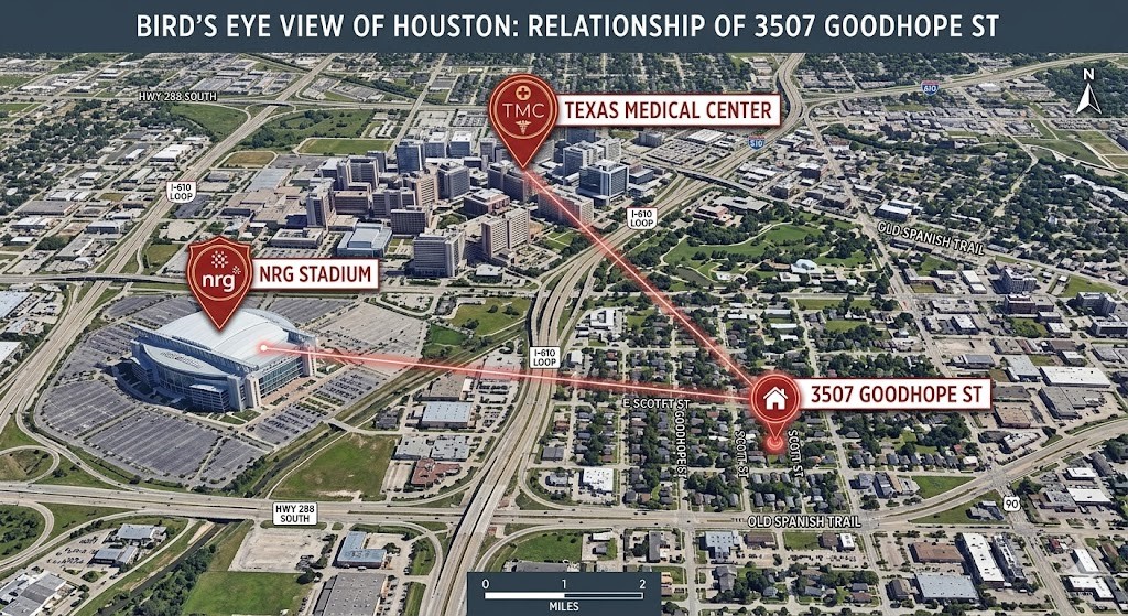3507 Good Hope Street, Unit 1/2 Houston, TX 77021 - Photo 6 of 6 Aerial view of the area. Very close to Medical Center, NRG Stadium, Texas Southern University, and University of Houston.