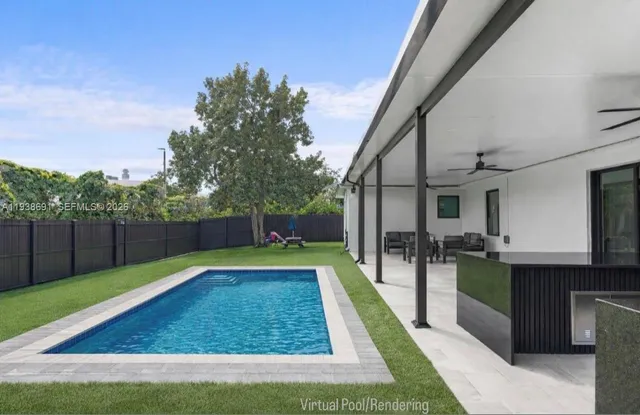 a view of a backyard with swimming pool