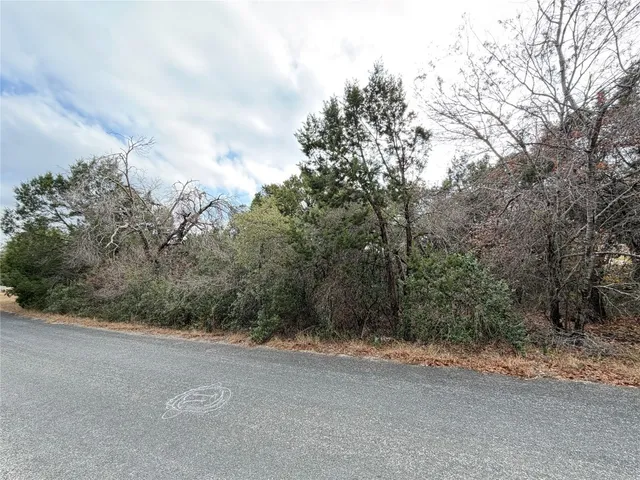 a view of a field with trees in background