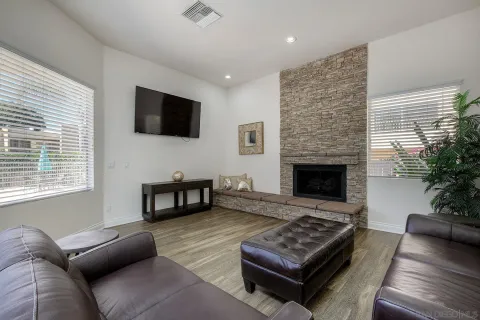 a living room with furniture a flat screen tv and a fireplace
