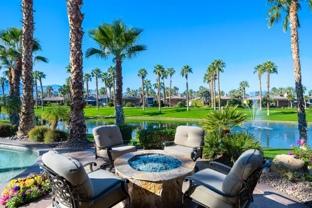 a view of a backyard with plants and swimming pool